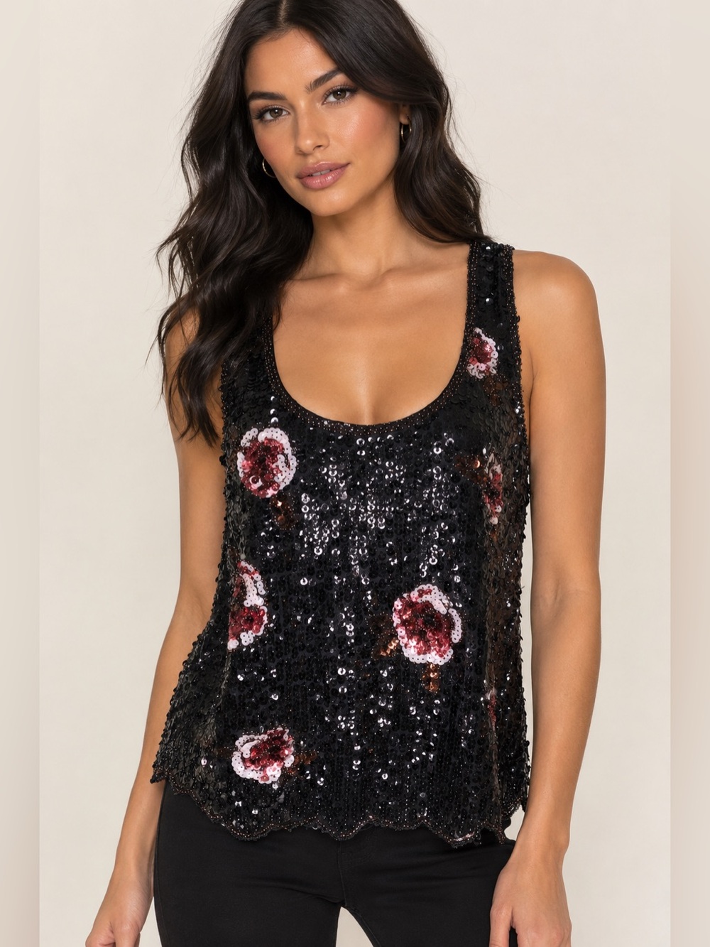 Forever 21 Black Sequin Floral Scoop Neck Tank Top